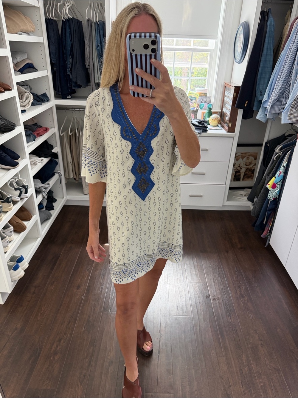 dina be. Cream Tunic with Blue Embellished Neckline M